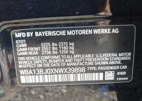 2022 BMW 530 I xDrive из США, поврежденный, VIN WBA13BJ0XNWX39898